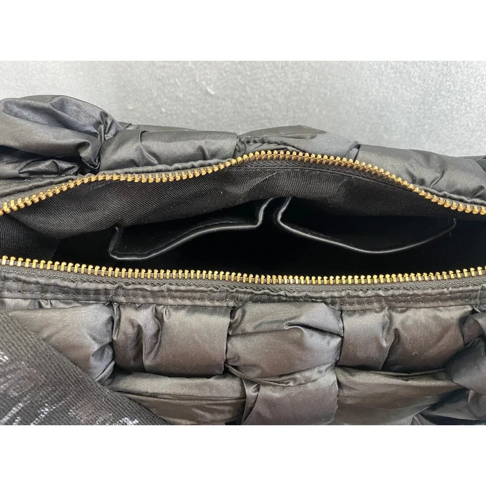Sam Edelman ELCIE Black Puffer Woven Quilted Hobo Shoulder Bag Gold Logo NWT‎